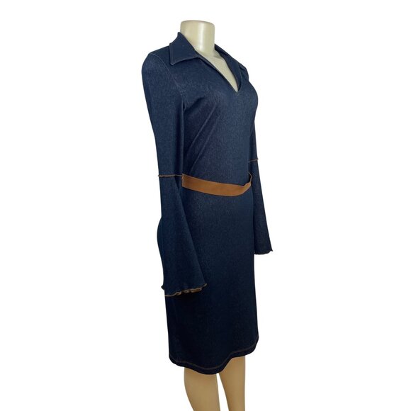 Moa Moa Blue Denim Bell Sleeve Dress With Tan Waist Tie Size M - Picture 2 of 9